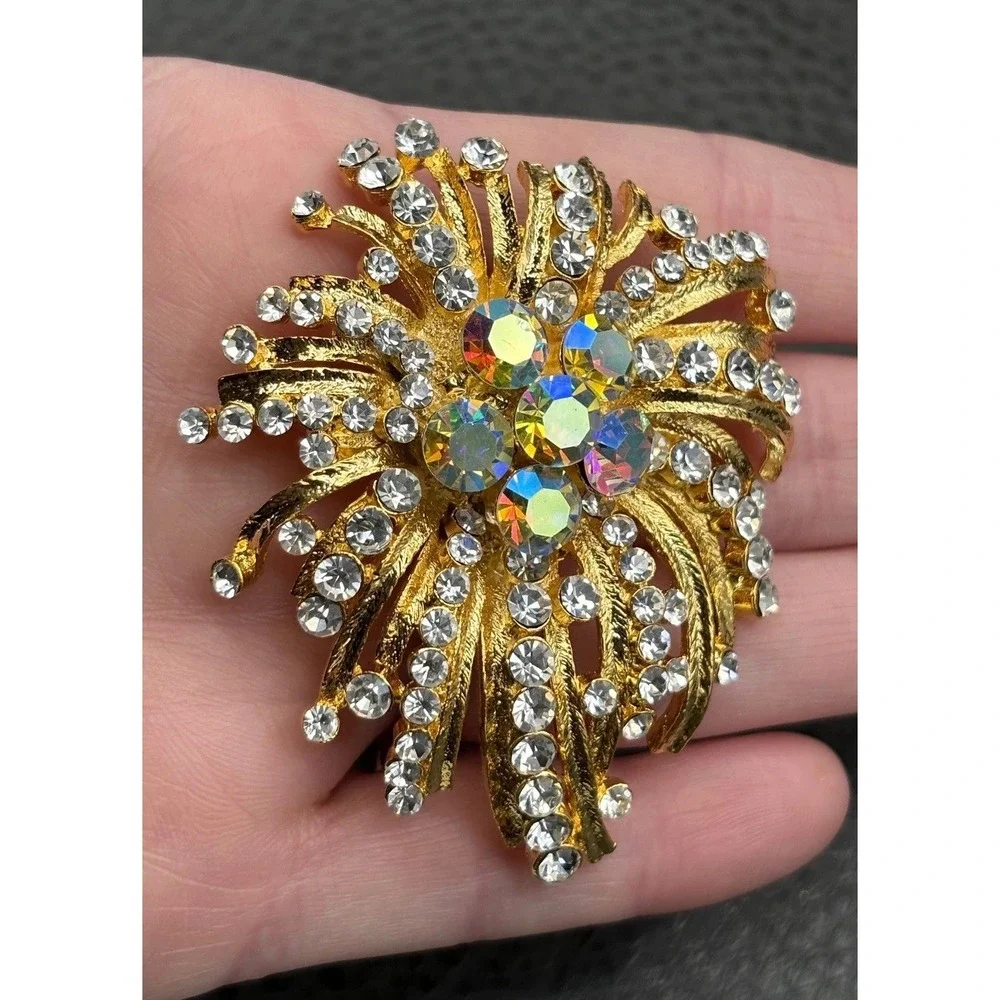 HUGE Aurora Borealis AB Crystal Rhinestone Sunburst Gold Tone Brooch Pin